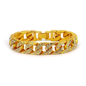 Bracelet cubain 14mm pour homme en or avec cristaux étincelants et fermoir pliable