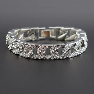 Bracelet gourmette cubaine 14mm argentée pour homme avec cristaux pavés étincelants