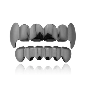 Hip hop style vampire fangs teeth grillz set in polished gunmetal black finish