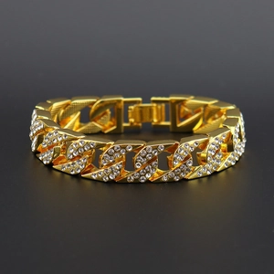 Bracelet Maillon Cubain Hip Hop Iced Out Chaîne en Alliage Luxueuse Incrustée de Strass pour Homme Style Streetwear Bijoux