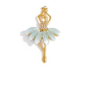 Golden ballet dancer pendant with blue gradient petal skirt and sparkling rhinestones