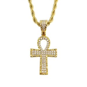 Gold plated Ankh cross necklace with micro-pave cubic zirconia on a rope chain
