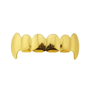Detailed view of six-tooth gold-plated hip hop grillz with small canine tooth design