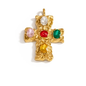 Gold textured cross pendant with five colorful oval gemstones and a rustic lava finish