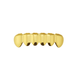 Macro detail of high-polish gold plated six-tooth hip hop grillz for teeth