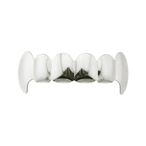 Polished silver hip hop grillz featuring a shiny six-tooth top design on white background