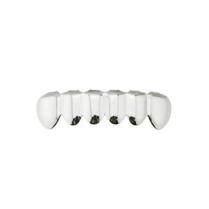 Polished silver six-tooth hip hop grillz accessory for teeth in minimalist studio lighting