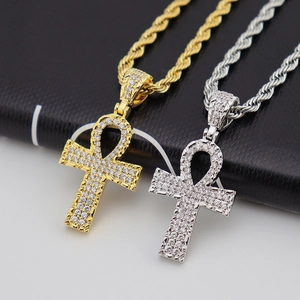 Hip Hop Iced Out Ankh Cross Pendant Necklace Gold Silver Plated Copper Zircon Stainless Steel Rope Chain For Men Women