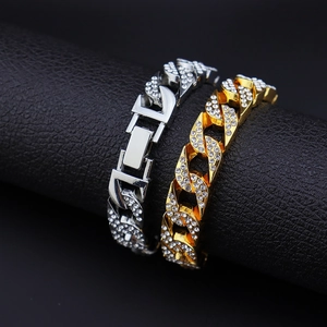 Bracelets à maillons cubains 14mm en or et argent avec strass brillants style hip-hop