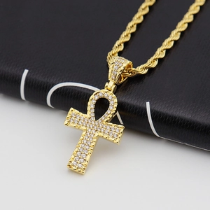 Gold plated Ankh cross pendant necklace with white zircons and classic rope chain