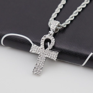 Silver Ankh cross pendant necklace with white cubic zirconia and twist rope chain