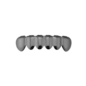Front view of six-tooth silver chrome hip-hop grillz with a polished metallic finish