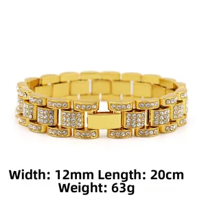 Detail showing 12mm wide gold-toned iced out hip hop bracelet with sparkling rhinestones