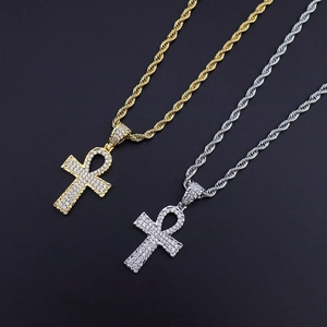 Gold and silver Ankh cross necklaces with micro-paved zircons and rope chains