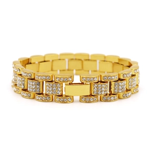15mm gold hip hop tank bracelet for men featuring heavy iced-out rhinestone paving