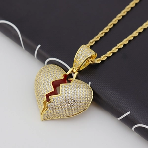 Hip hop broken heart pendant necklace with AAA cubic zirconia and gold rope chain