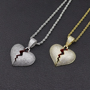 Pendentif cœur brisé Hip Hop avec zircons AAA en finitions or et argent sur chaîne