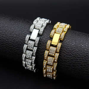 Iced out 15mm tank style hip hop bracelet with rhinestones in gold and silver finish