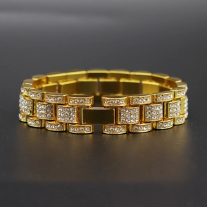 Men Hip Hop Iced Out Watch Band Bracelet Luxury Alloy Rhinestone Tank Chain For Street Style Gold Silver Plated Jewelry