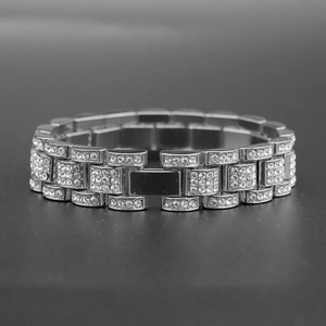 Detail of 15mm hip hop tank bracelet with sparkling rhinestones and polished silver link