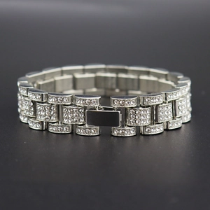 Iced out silver watch link bracelet with full crystal pavé for men's hip hop style