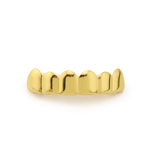 Detailed view of glossy gold-plated six-tooth grillz for Hip Hop fashion accessories