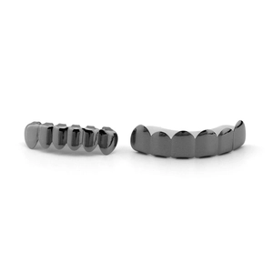 Detail view of glossy gunmetal hip hop teeth grillz set with polished finish