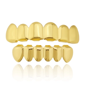 Polished gold plated hip hop teeth grillz set with shiny reflective finish for men and women