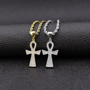 Hip hop Ankh cross pendant necklace in gold and silver with zircon paved rope chain