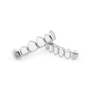 Juego de grillz de hip hop plateado pulido para dientes superiores e inferiores