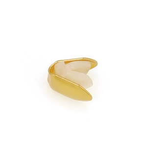 Detail view of hip-hop single tooth gold grillz with clear silicone molding bar inside