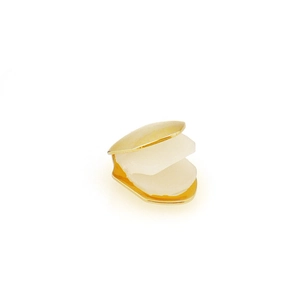 Detailed view of a gold shell-shaped hip hop dental grillz with bright polished finish