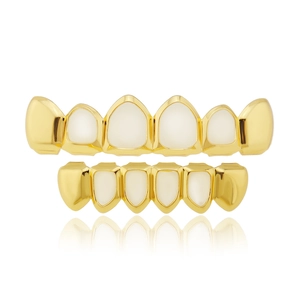 Hip hop gold plated hollow grillz set with pearl white insets for upper and lower teeth