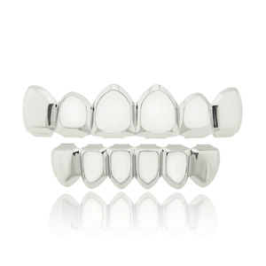 Set de grillz plateados pulidos con filas superior e inferior para moda hip-hop y show