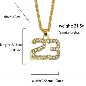 Détails du collier avec pendentif chiffre 23 doré serti de strass et dimensions