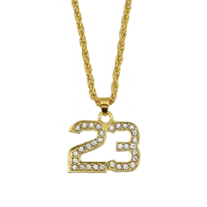 Chaîne corde dorée hip hop avec pendentif numéro 23 serti de cristaux brillants