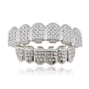 Iced out zilveren Hip Hop Grillz set met zirkonia steentjes voor boven- en ondertanden