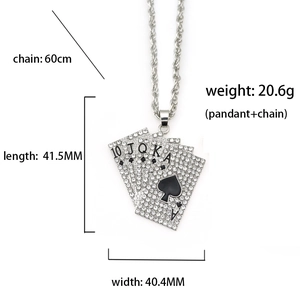 Hip hop royal flush pendant necklace with full rhinestones on long silver twist chain