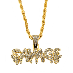 Luxury Alloy Rhinestone Savage Letter Pendant Necklace Iced Out Hip Hop Drip Style Rope Chain For Men Women Gold Silver