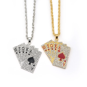 Gold and silver hip hop necklaces with iced out poker royal flush pendants and twist chains