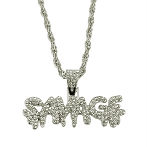 Hip hop rope chain necklace with iced out SAVAGE pendant and sparkling rhinestones