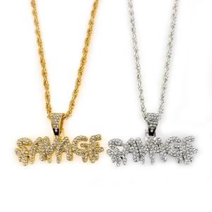 Hip hop SAVAGE letter pendant necklace with iced out crystals and gold rope chain
