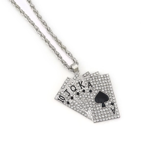 Hip hop silver royal flush poker necklace with clear rhinestones on a rope chain