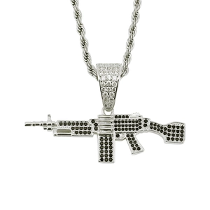 Hip-Hop AK47 Anhänger Halskette für Herren mit schwarzem Zirkon und dicker Kordelkette