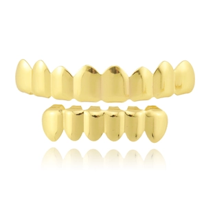 Hip hop style 18K gold plated grillz set featuring 8 top teeth and 6 bottom teeth design