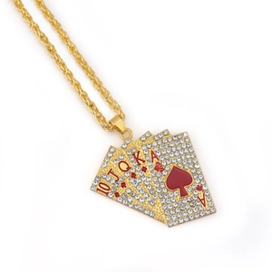 Hip hop gold necklace with iced out royal flush poker pendant and twisted rope chain