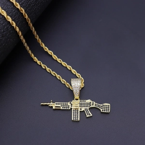 Hip Hop AK47 Gewehr Anhänger Halskette Kupfer Mit Schwarz Zirkonia Edelstahl Seilkette Punk Herren Schmuck Gold Silber