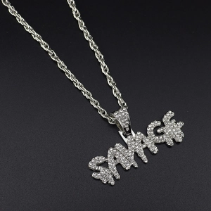 Hip hop rope chain necklace with silver SAVAGE letter pendant fully iced out in rhinestones