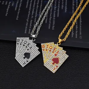 Hip Hop Alloy Rhinestone Poker Royal Flush Pendant Necklace Gold Silver Iced Out Playing Cards Rope Chain Jewelry