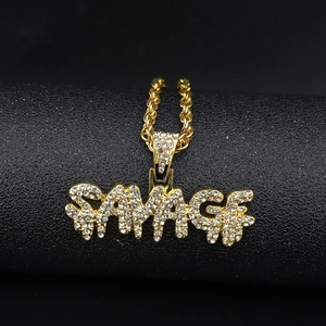 Hip hop style gold plated SAVAGE letter pendant necklace with sparkling crystal rhinestones